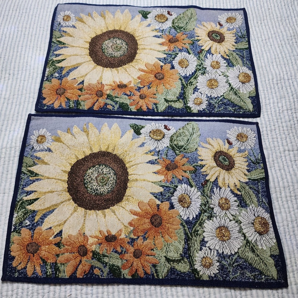 Vintage Woven Tapestry Sunflower Daisy Placemats Set of 2 Floral Ladybug Decor